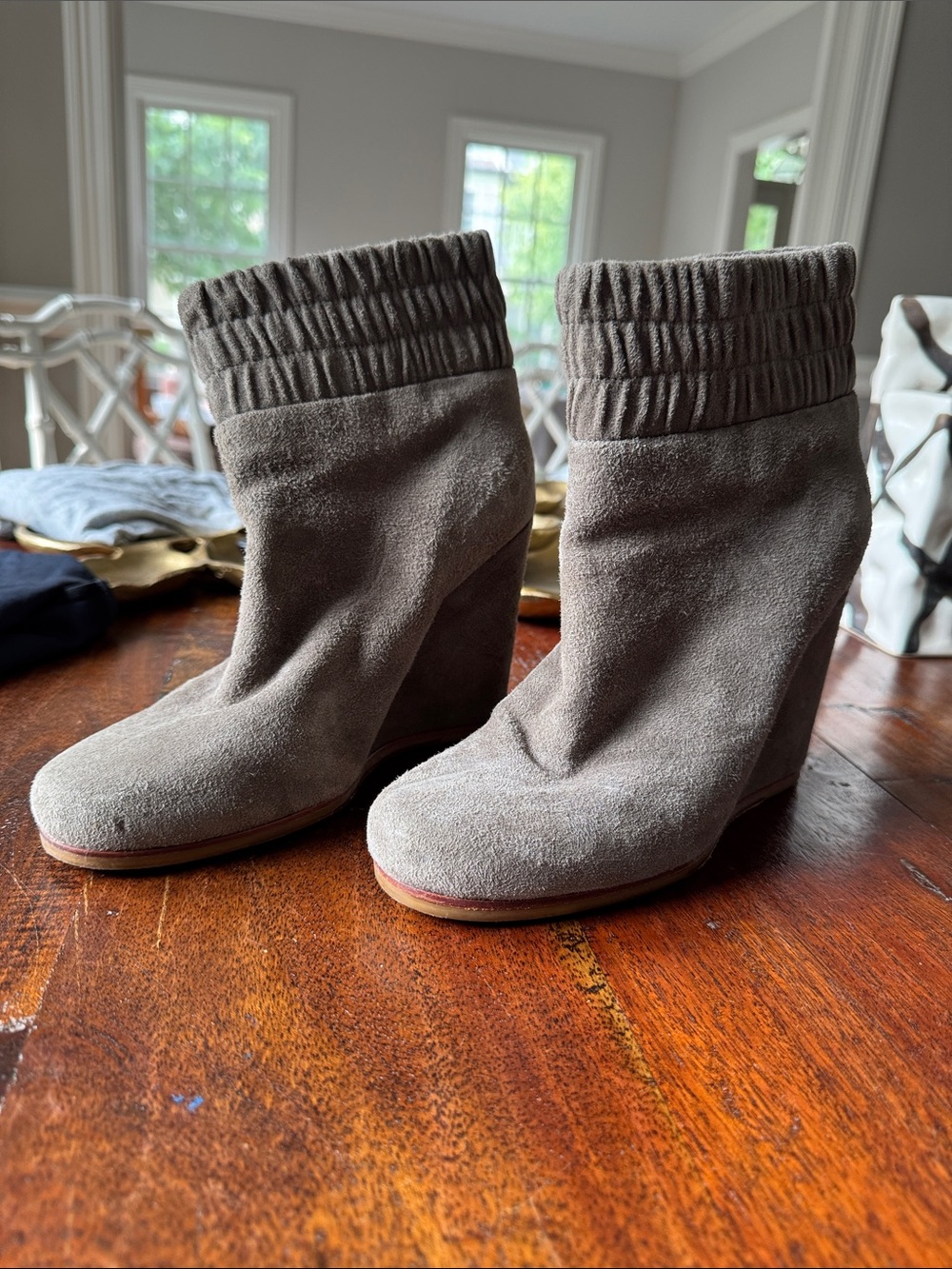 Wedge Ankle Booties in Taupe Suede